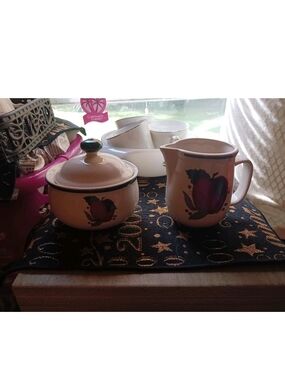 Cream Ceramic Sugar Bowl and Creamer Set with Purple Apple Motif  Tenderheart Tr
